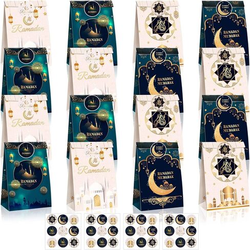 Tinlade 24 Pcs Eid Mubarak Party Favor Bags with Stickers 4 Styles Goodie Candy Paper Ramadan Treat Bags Party Favor Muslim Ramadan Gift for Eid Supplies Decoration in Saudi Arabia