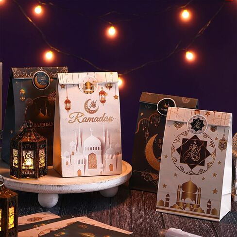 Tinlade 24 Pcs Eid Mubarak Party Favor Bags with Stickers 4 Styles Goodie Candy Paper Ramadan Treat Bags Party Favor Muslim Ramadan Gift for Eid Supplies Decoration in Saudi Arabia