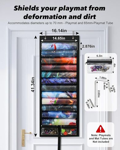 Playmat Holder Playmat Tube Storage Bag for MTG with 2 Hooks, Fits 12 Card Game Playmats with Transparent Plastic Slots & 2 Detachable Dice Pouches,Portable Organizer Rack for TCG/RPG Mat(12+2, Black) in Saudi Arabia