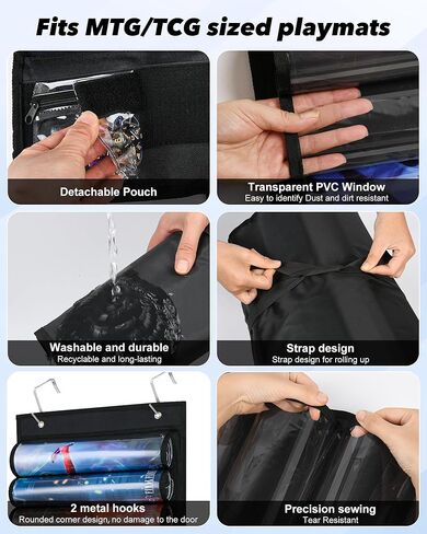 Playmat Holder Playmat Tube Storage Bag for MTG with 2 Hooks, Fits 12 Card Game Playmats with Transparent Plastic Slots & 2 Detachable Dice Pouches,Portable Organizer Rack for TCG/RPG Mat(12+2, Black) in Saudi Arabia