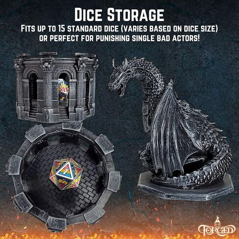 Forged Dice Co. Dragon Dice Jail - D&D Dice Holder and Storage Box with Removable Collectors Dragon Miniature - Fits Up to 2 Standard Polyhedral RPG Sets - Black in Saudi Arabia