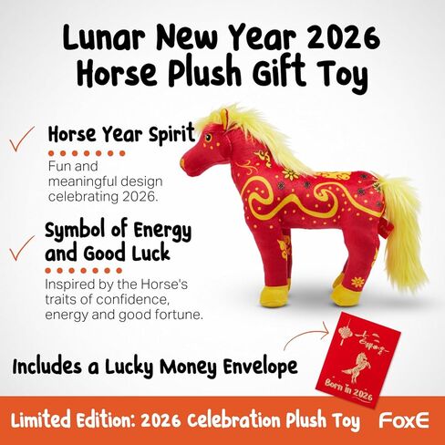 لعبة FoxE Year of the Horse القطيفة 2026 مع ظرف نقود محظوظ، حصان محشو للعام القمري الصيني الجديد، هدية قطيفة حمراء ناعمة لديكور المنزل CNY وعرض المهرجان in Kuwait
