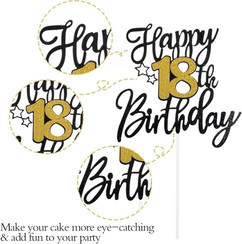 قطعة واحدة من أعلى كعكة عيد الميلاد الثامن عشر، زينة كعكة عيد الميلاد الثامن عشر اللامعة باللون الأسود والذهبي لمستلزمات حفلات عيد الميلاد in Kuwait