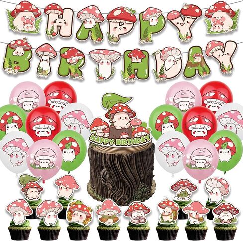Mushroom Birthday Party Decorations, Birthday Party Supplies for Mushroom, Includes 1 Banner, 16 Latex Balloons, 1 Cake Topper, 24 Cupcake Toppers in Saudi Arabia