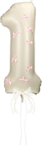 Number 1 Pink Bow 1st Birthday Balloon, 32 Inch Giant Aluminum Foil Number 1 Cream White Balloon Coquette Party Decoration for Christmas Girl Boy Birthday Baby Shower Anniversary Party Gifts in Saudi Arabia