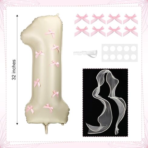 Number 1 Pink Bow 1st Birthday Balloon, 32 Inch Giant Aluminum Foil Number 1 Cream White Balloon Coquette Party Decoration for Christmas Girl Boy Birthday Baby Shower Anniversary Party Gifts in Saudi Arabia