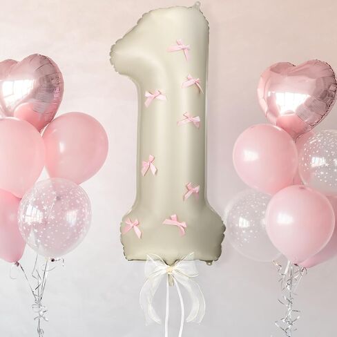 Number 1 Pink Bow 1st Birthday Balloon, 32 Inch Giant Aluminum Foil Number 1 Cream White Balloon Coquette Party Decoration for Christmas Girl Boy Birthday Baby Shower Anniversary Party Gifts in Saudi Arabia
