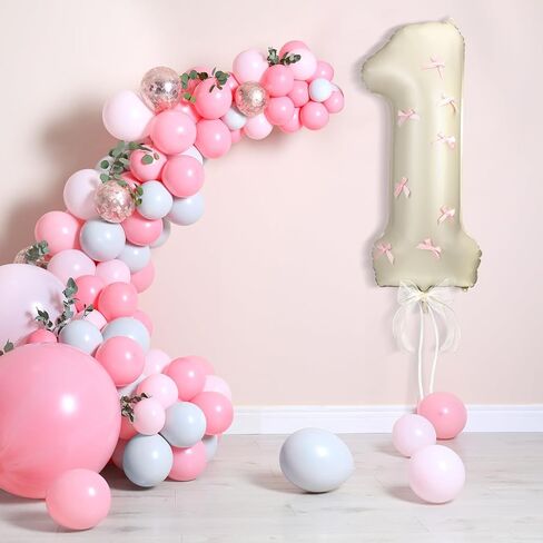 Number 1 Pink Bow 1st Birthday Balloon, 32 Inch Giant Aluminum Foil Number 1 Cream White Balloon Coquette Party Decoration for Christmas Girl Boy Birthday Baby Shower Anniversary Party Gifts in Saudi Arabia