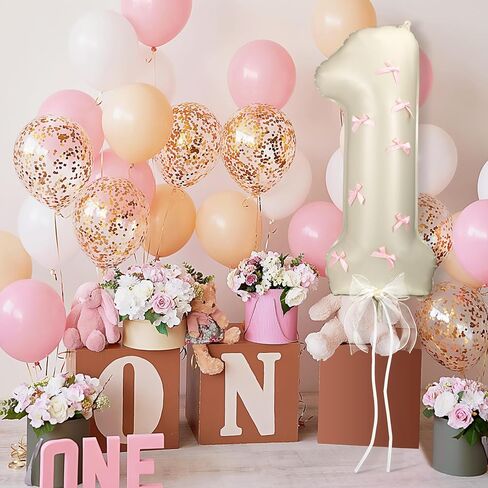 Number 1 Pink Bow 1st Birthday Balloon, 32 Inch Giant Aluminum Foil Number 1 Cream White Balloon Coquette Party Decoration for Christmas Girl Boy Birthday Baby Shower Anniversary Party Gifts in Saudi Arabia