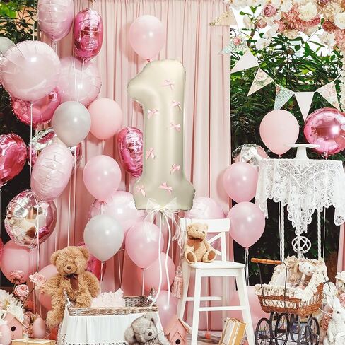 Number 1 Pink Bow 1st Birthday Balloon, 32 Inch Giant Aluminum Foil Number 1 Cream White Balloon Coquette Party Decoration for Christmas Girl Boy Birthday Baby Shower Anniversary Party Gifts in Saudi Arabia