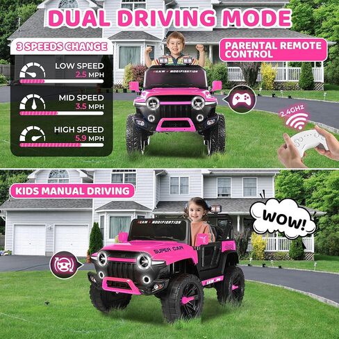 24V Ride on Toys for Kids, 2-Seater 4WD Electric Ride on Truck Car with Parental Remote, Pink Jeep for Girls, 3 Speeds, Spring Suspension, Bluetooth, LED Lights, Pink in Saudi Arabia