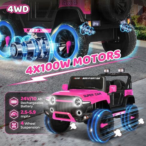 24V Ride on Toys for Kids, 2-Seater 4WD Electric Ride on Truck Car with Parental Remote, Pink Jeep for Girls, 3 Speeds, Spring Suspension, Bluetooth, LED Lights, Pink in Saudi Arabia