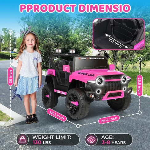 24V Ride on Toys for Kids, 2-Seater 4WD Electric Ride on Truck Car with Parental Remote, Pink Jeep for Girls, 3 Speeds, Spring Suspension, Bluetooth, LED Lights, Pink in Saudi Arabia