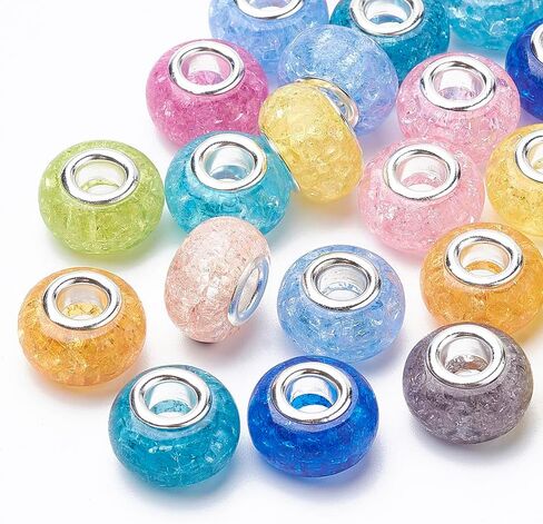 100pcs Large Hole Beads Crackle Resin European Beads with Silver Brass Cores Rondelle Slide Charms for DIY Bracelet Necklace Jewelry Crafts Making,14x9mm in Saudi Arabia