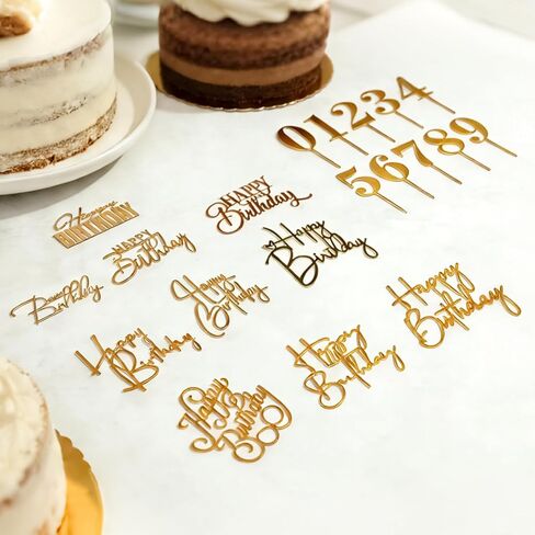 20Pcs Gold Happy Birthday Cake Toppers Happy Birthday Sign for Cake 0-9 Number for Cupcake Toppers, Mirror Acrylic Cakes Topper Side Cakes Decorations for Birth Party, Anniversary, Gold in Saudi Arabia