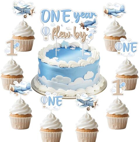 Kreatwow Airplane 1st Birthday Party Decoration One Year Flew By Cake Topper Airplane 1st Birthday Cake Decoration 25Pcs Time Flies Decor Aircraft Aviation Party Plane Cloud Hot Air Balloon ThemeDecor in Saudi Arabia