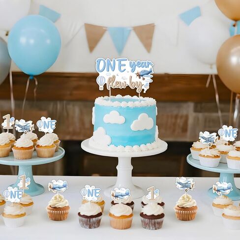Kreatwow Airplane 1st Birthday Party Decoration One Year Flew By Cake Topper Airplane 1st Birthday Cake Decoration 25Pcs Time Flies Decor Aircraft Aviation Party Plane Cloud Hot Air Balloon ThemeDecor in Saudi Arabia