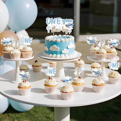 Kreatwow Airplane 1st Birthday Party Decoration One Year Flew By Cake Topper Airplane 1st Birthday Cake Decoration 25Pcs Time Flies Decor Aircraft Aviation Party Plane Cloud Hot Air Balloon ThemeDecor in Saudi Arabia