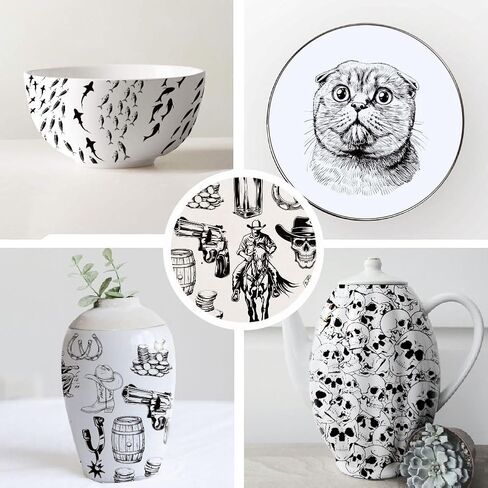 SUPERDANT 6 Style Skull Cat Fish Underglaze Paper Transfer Ginkgo Cowboy Transfer Paper for Clay Ceramic Porcelain Under Glaze Transfers for Pottery Enamel Decals Black Underglaze Decal Papers Gifts in Saudi Arabia