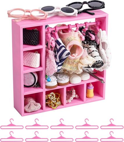 Doll Clothes Closet, Wardrobe with 10 Hangers, Portable Storage Organizer and Display Box for Fashion Doll Clothes & Accessories, Pink in Saudi Arabia
