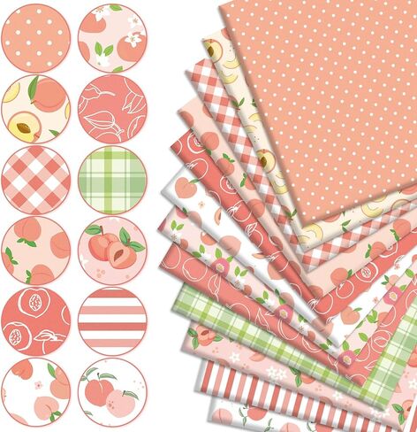 Whaline 12Pcs Peach Cotton Fabric Bundles Pink Green Peach Flower Plaid Fat Quarters Summer Quilting Patchwork for DIY Sewing Craft Decor, 18 x 22 Inch in Saudi Arabia