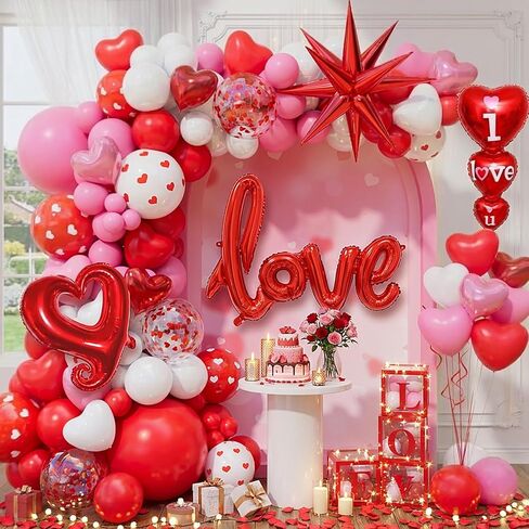 172pcs Valentines Balloon Arch Garland Kit with Pink White Red Confetti Heart shape Balloons I Love You Foil Balloons Explosion Star Balloons Rose Petals for Anniversary Wedding Romantic Decorations in Saudi Arabia