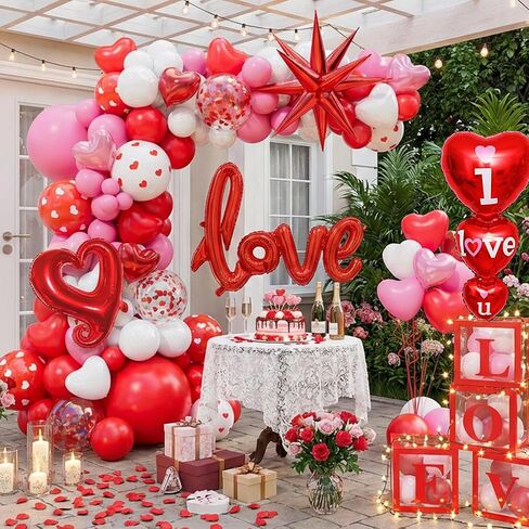 172pcs Valentines Balloon Arch Garland Kit with Pink White Red Confetti Heart shape Balloons I Love You Foil Balloons Explosion Star Balloons Rose Petals for Anniversary Wedding Romantic Decorations in Saudi Arabia