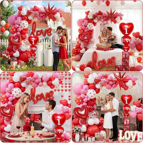 172pcs Valentines Balloon Arch Garland Kit with Pink White Red Confetti Heart shape Balloons I Love You Foil Balloons Explosion Star Balloons Rose Petals for Anniversary Wedding Romantic Decorations in Saudi Arabia
