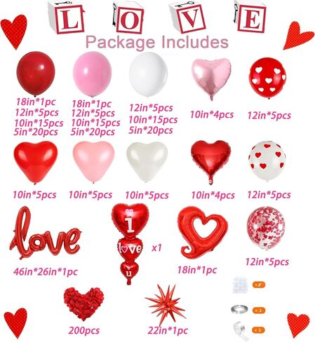 172pcs Valentines Balloon Arch Garland Kit with Pink White Red Confetti Heart shape Balloons I Love You Foil Balloons Explosion Star Balloons Rose Petals for Anniversary Wedding Romantic Decorations in Saudi Arabia