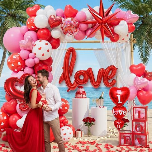 172pcs Valentines Balloon Arch Garland Kit with Pink White Red Confetti Heart shape Balloons I Love You Foil Balloons Explosion Star Balloons Rose Petals for Anniversary Wedding Romantic Decorations in Saudi Arabia