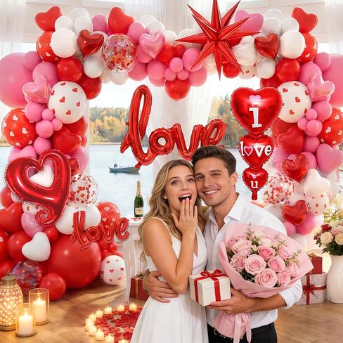172pcs Valentines Balloon Arch Garland Kit with Pink White Red Confetti Heart shape Balloons I Love You Foil Balloons Explosion Star Balloons Rose Petals for Anniversary Wedding Romantic Decorations in Saudi Arabia