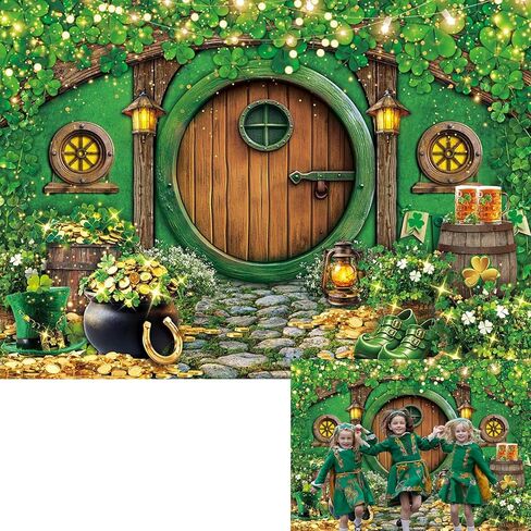 Happy St. Patrick's Day Backdrop Wooden House Saint Patricks Day Photoshoot Background Glitter Lucky Irish Shamrock Gold Coins St Patricks Day Party Decor Banner Booth Props (7x5FT(82 x 59 inch)) in Kuwait