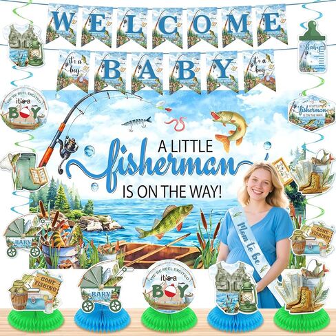 Fishing Baby Shower Decorations for Boys Girls Fishing Welcome Baby Banner A Little Fisherman is On The Way Backdrop Banner Gone Fishing Hanging Swirls Honeycomb Centerpieces Sash Party Supplies in Saudi Arabia