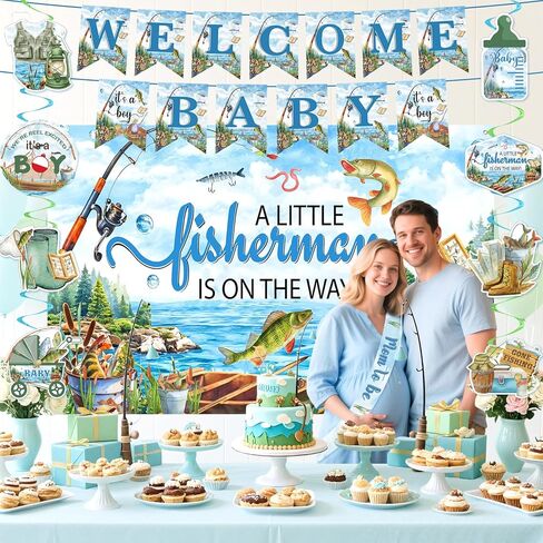 Fishing Baby Shower Decorations for Boys Girls Fishing Welcome Baby Banner A Little Fisherman is On The Way Backdrop Banner Gone Fishing Hanging Swirls Honeycomb Centerpieces Sash Party Supplies in Saudi Arabia