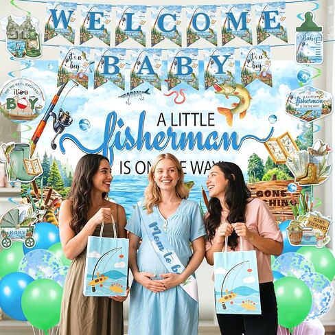 Fishing Baby Shower Decorations for Boys Girls Fishing Welcome Baby Banner A Little Fisherman is On The Way Backdrop Banner Gone Fishing Hanging Swirls Honeycomb Centerpieces Sash Party Supplies in Saudi Arabia