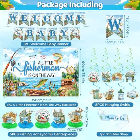 Fishing Baby Shower Decorations for Boys Girls Fishing Welcome Baby Banner A Little Fisherman is On The Way Backdrop Banner Gone Fishing Hanging Swirls Honeycomb Centerpieces Sash Party Supplies in Saudi Arabia