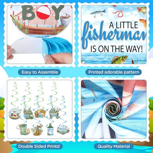 Fishing Baby Shower Decorations for Boys Girls Fishing Welcome Baby Banner A Little Fisherman is On The Way Backdrop Banner Gone Fishing Hanging Swirls Honeycomb Centerpieces Sash Party Supplies in Saudi Arabia