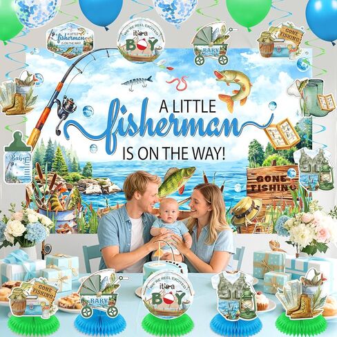 Fishing Baby Shower Decorations for Boys Girls Fishing Welcome Baby Banner A Little Fisherman is On The Way Backdrop Banner Gone Fishing Hanging Swirls Honeycomb Centerpieces Sash Party Supplies in Saudi Arabia