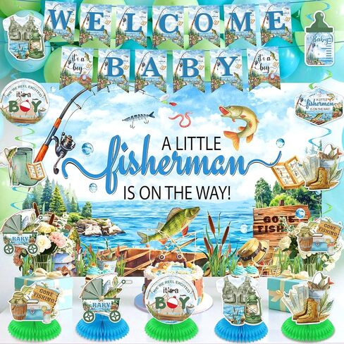 Fishing Baby Shower Decorations for Boys Girls Fishing Welcome Baby Banner A Little Fisherman is On The Way Backdrop Banner Gone Fishing Hanging Swirls Honeycomb Centerpieces Sash Party Supplies in Saudi Arabia