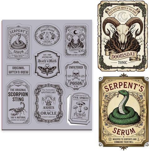 GLOBLELAND Vintage Poison Labels Cling Rubber Stamps 8.7x7 inch Magic Card Frames EVA Cling Mount Stamp Retro Snake Skull Rubber Stamps Set for Card Making Photo Album Decoration DIY Scrapbooking in Saudi Arabia