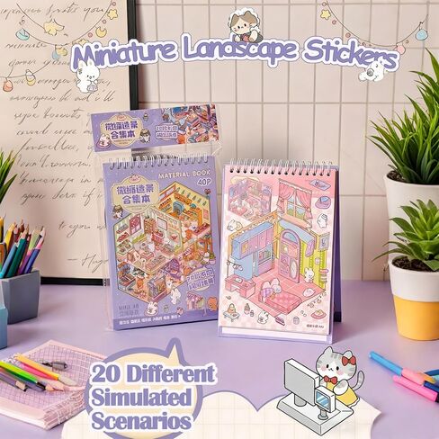 كتاب ملصقات المشهد ثلاثي الأبعاد للبالغين 20 مجموعة من الملصقات العلاجية لتخفيف التوتر وتمرير الوقت في المنزل DIY، المنزل السحري، ملصقات مشاهد المطاعم للأطفال لطيف على شكل حيوانات كرتونية in Kuwait