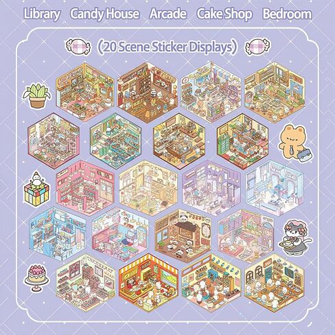 كتاب ملصقات المشهد ثلاثي الأبعاد للبالغين 20 مجموعة من الملصقات العلاجية لتخفيف التوتر وتمرير الوقت في المنزل DIY، المنزل السحري، ملصقات مشاهد المطاعم للأطفال لطيف على شكل حيوانات كرتونية in Kuwait