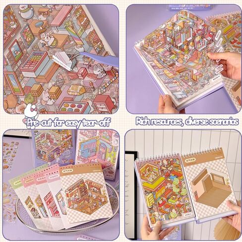 كتاب ملصقات المشهد ثلاثي الأبعاد للبالغين 20 مجموعة من الملصقات العلاجية لتخفيف التوتر وتمرير الوقت في المنزل DIY، المنزل السحري، ملصقات مشاهد المطاعم للأطفال لطيف على شكل حيوانات كرتونية in Kuwait