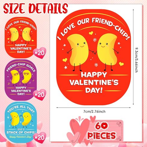 60 Pcs Friend-chip Themed Valentine's Day Stickers Potato Chips Valentines Party Favor Stickers Labels for Snack Size Chips Friends Gift Wrapping in Saudi Arabia