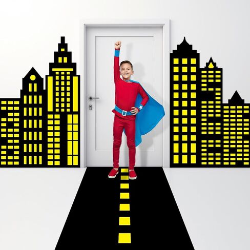 Comic Hero Party Door Cover Banners Super Theme Hero Birthday Party Road Decoration Cityscape-Themed Door Hanging Backdrop Comic Theme Photo Props Background for Kids Birthday Parties Supplies in Saudi Arabia