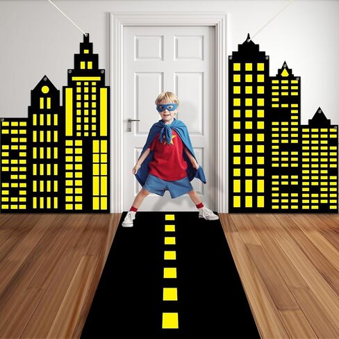 Comic Hero Party Door Cover Banners Super Theme Hero Birthday Party Road Decoration Cityscape-Themed Door Hanging Backdrop Comic Theme Photo Props Background for Kids Birthday Parties Supplies in Saudi Arabia