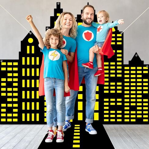Comic Hero Party Door Cover Banners Super Theme Hero Birthday Party Road Decoration Cityscape-Themed Door Hanging Backdrop Comic Theme Photo Props Background for Kids Birthday Parties Supplies in Saudi Arabia