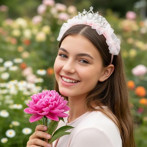 Bremorou Princess Tiara Crown Headband Pink Tulle Bow Tiara Headband Fairy Crown For Birthday Party Tiaras And Crowns Cosplay Fairy Costume Accessories in Saudi Arabia