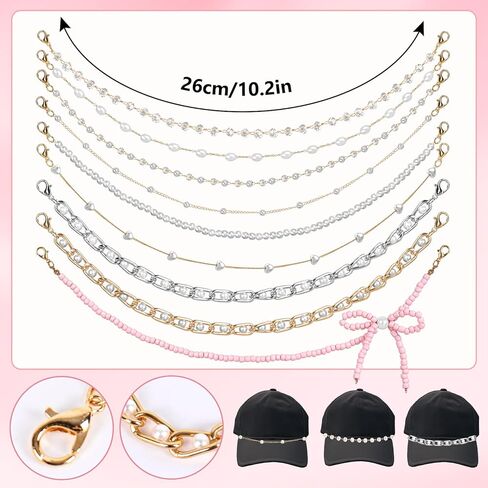 JarThenaAMCS 9 Pcs Pearl Trucker Hat Chains Hat Charms Chains Bill Decoration DIY Metal Chain For Women Men Mesh Baseball Cap Trucker Hats Accessory in Saudi Arabia