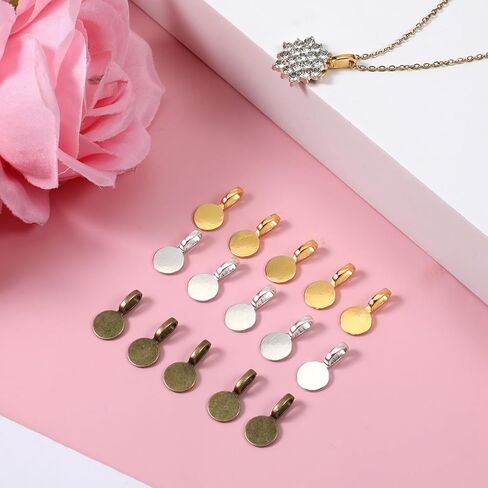 150 Pcs Bails for Jewelry Making Glue on Flat Pad Bails Round Pendants Charms Connector Hanger Glue on Pendant Bail for Pendants DIY Craft Jewelry Making Accessories (Gold, Silver, Bronz) in Saudi Arabia